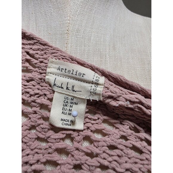 Crochet Knit Button-Up Cardigan Sweater In Mauve Pink With Long Sleeves & V-Neck - Picture 8 of 8
